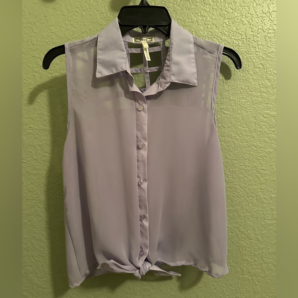 Purple Button Down with a Tie Sleeveless Top Size L- Made in the USA